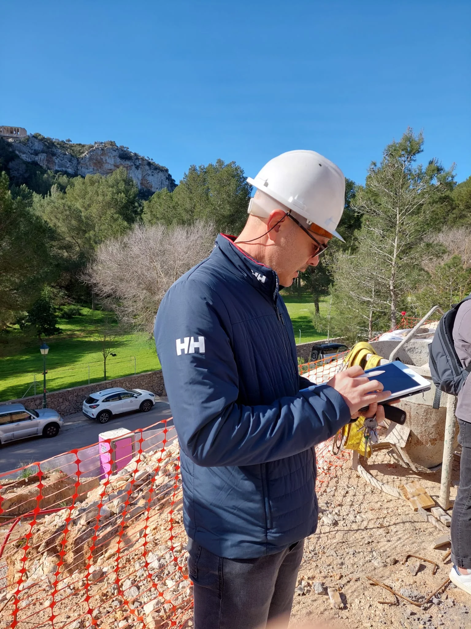 Joan reviewing the work on site
